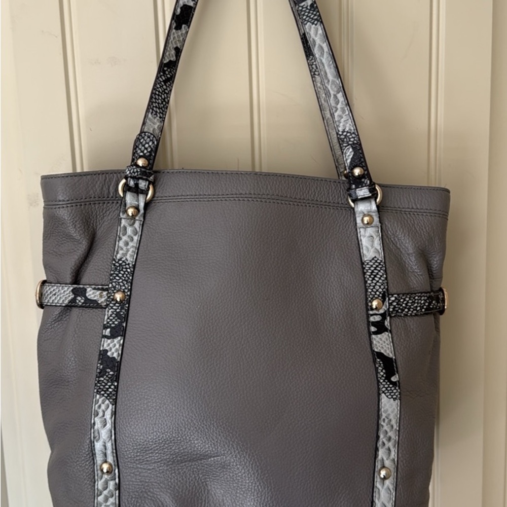 Gray Leather Tote Bag with Snake Print Accents
